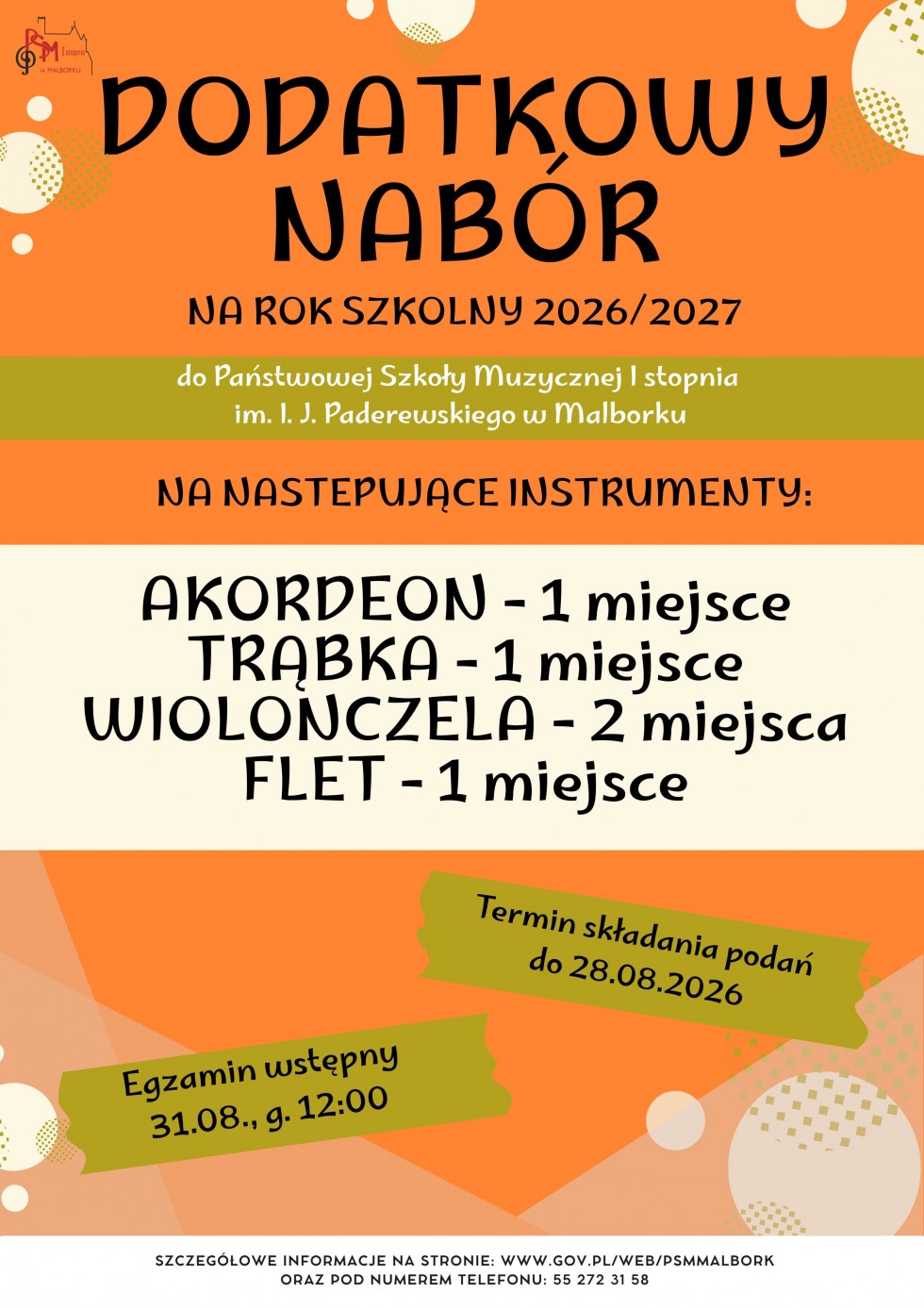 Dodatkowy nabór do Państwowej Szkoły Muzycznej w Malborku. Wolne miejsca na 4. instrumentach