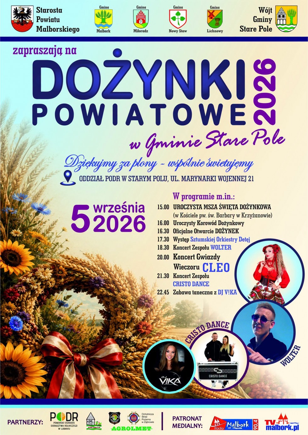 Dożynki Powiatowe 2026 w Starym Polu. Gwiazdą wieczoru będzie Cleo