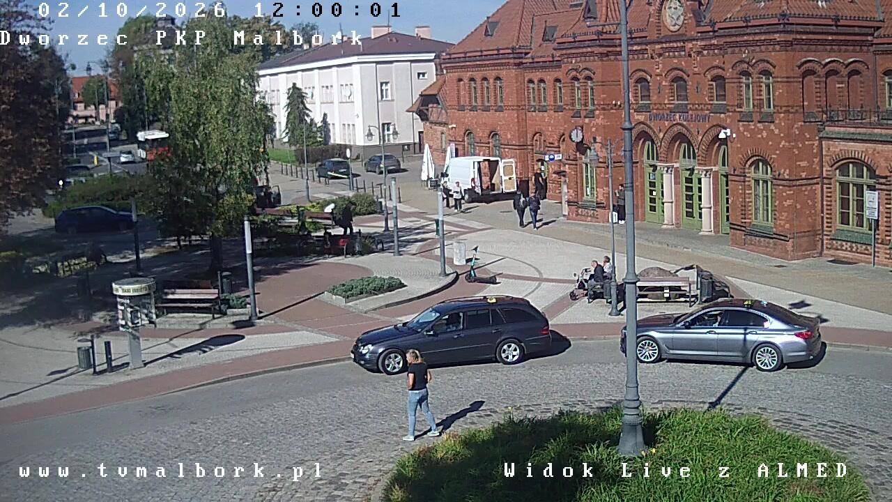 Podgląd: Dworzec PKP Malbork LIVE - Rondo Przewodników Malborskich - ul. Dworcowa. Kamera na żywo z NZOZ ALMED